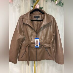 Kenneth Cole Brown Faux Leather Belted Moto Jacket Zip Front Size L NWT